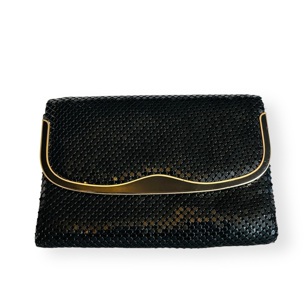 Vintage‎ Black Mesh Evening Bag Clutch Gold Chainmail Kiss Lock Clasp Envelop